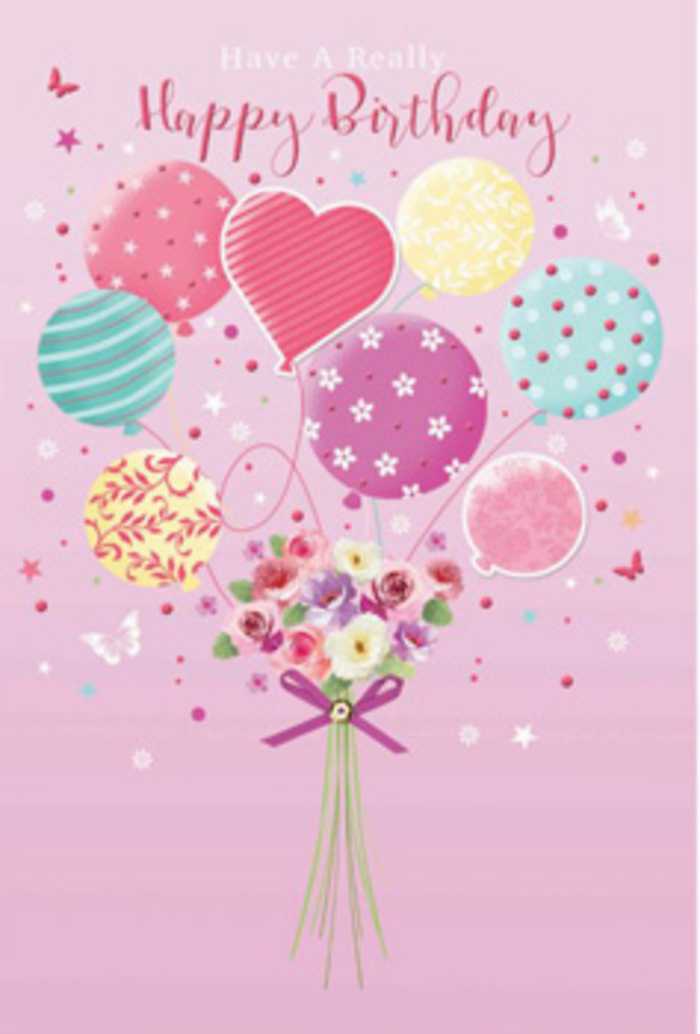 This softly detailed birthday design brings together balloons and blossoms in a way that feels like a gentle party scene floating above Silvertown's riverside. The background is a delicate, blush-pink wash, calm and inviting, against which a cluster of pastel balloons rises gracefully. These balloons are painted in pale sunshine yellow, rosy fuchsia, lavender, mint, and sky blue, each one adorned with its own personality: some wear slender ribbon stripes that spiral upward; others are dotted with cheerful spots or tiny stylised flowers, as though inspired by a spring garden near Lyle Park. At the heart of the cluster, one balloon in warmer pink tones stands slightly forward, giving the arrangement a sense of depth and focus. Suspended beneath them, a dainty hand-tied bouquet forms the visual anchor. The flowers resemble petite roses and daisy-like blossoms, their petals shaded from cream to soft rose and blush, with gentle gradients that suggest early morning light brushing the edges. They gather together in a rounded, almost cloud-like cluster, all held by green stems neatly wrapped in a vibrant purple bow. The bow's satin texture is suggested through its subtle highlights and folds, catching the imagined light and bringing a touch of celebratory sparkle. Scattered around the bouquet and balloons are tiny details-hinted stars or fluttering butterfly shapes-that add a whimsical, storybook feel, as if the scene is frozen in a perfect moment just before birthday candles are lit. The entire composition radiates quiet jubilation, like a lovingly chosen card from a trusted Silvertown florist, designed to make the recipient feel cherished, seen, and joyfully celebrated on their special day.
